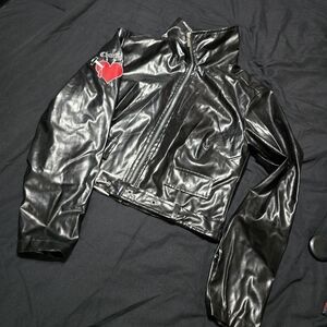 CHUCKY Black Faux Leather Jacket with Heart Patch